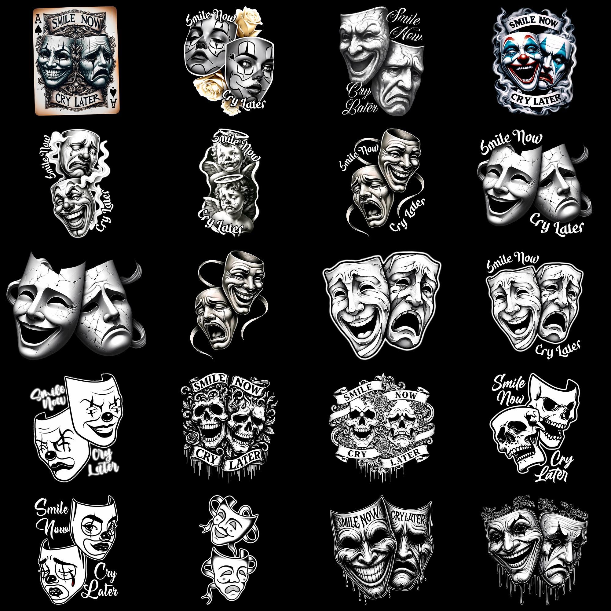 Smile Now Cry Later PNG – Gothic Clown Masks Chicana Chicano Clipart,  Sublimation Digital Download, image size:2000x2000