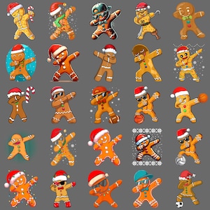 Puede incluir: Una colección de hombres de jengibre en varias poses, con gorros de Papá Noel, gafas de sol y otros accesorios. Algunos sostienen bastones de caramelo, balones de fútbol, baloncesto y fútbol. Los hombres de jengibre son marrones, naranjas y amarillos.