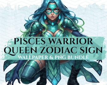 Pisces Zodiac Sign Warrior Queen Transparent PNG & Wallpaper Bundle | Fantasy Astrology Art