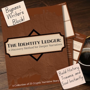 Könnte beinhalten: Ein braunes Buch mit dem Titel "THE IDENTITY LEDGER: A Discovery Method for Deeper Narratives" mit einem schwarzen Diamantmuster. Der Buchumschlag hat ein strukturiertes Aussehen, mit Haftnotizen mit der Aufschrift "Bypass Writer's Block!" und "Build History, Trauma, and Soul Instantly."