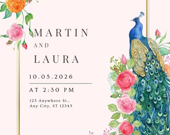 Modèle de faire-part de mariage paon, invitation florale de mariage, faire-part de mariage rose aquarelle, carte de mariage modifiable, invitation de mariage jardin élégant