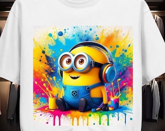 Camiseta con estampado de dibujos animados estilo Minion, camiseta con estampado de salpicaduras de pintura coloridas (descarga digital)