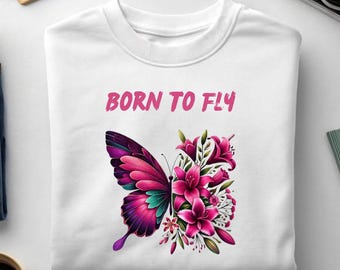 Diseño de camiseta con estampado floral de mariposas – Frase “Nacido para volar” (Descarga digital)