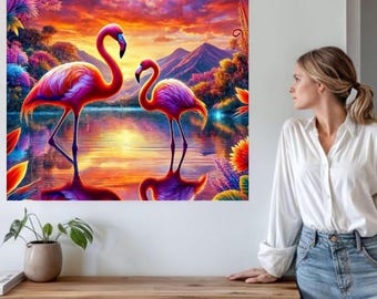 Cuadro decorativo con vibrantes flamencos al atardecer, decoración de naturaleza tropical, lámina colorida para sala de estar (descarga digital).