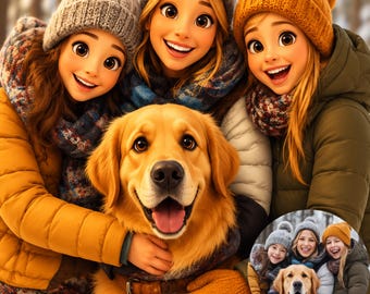 Retrato familiar personalizado de Pixar / Foto animada con mascota (Descarga digital)