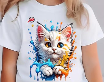 Diseño de camiseta infantil con estampado de gato / Gráfico de gatito con salpicaduras de colores (Descarga digital)
