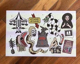 Beetlejuice Tattoo Style Flash Sheet Art Print