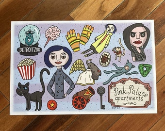 Coraline Tattoo Style Flash Sheet Art Print