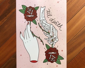 May include: A pink background with a white skeletal hand and a white hand holding a red rose. The skeletal hand is holding a red rose with green leaves. The text "'til death" is written in black cursive.