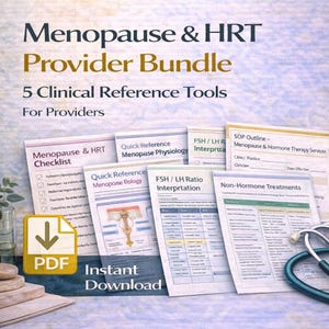 Op de afbeelding: Een bundel klinische referentietools voor menopauze- en HRT-aanbieders. De afbeelding toont verschillende documenten met titels als "Menopause & HRT Checklist" en "FSH/LH Ratio Interpretation". Een stethoscoop en een PDF-pictogram zijn ook zichtbaar.