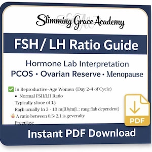 以下が含まれることがあります： Slimming Grace Academyの「FSH/LH Ratio Guide」というタイトルのデジタルガイド。ホルモン検査の解釈、PCOS、卵巣予備能、更年期について解説しています。正常値に関する情報も含まれており、PDFですぐにダウンロードできます。