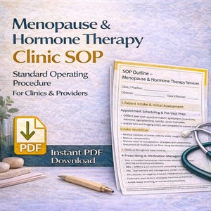 May include: An image promoting a menopause and hormone therapy clinic. The text reads "Menopause & Hormone Therapy Clinic SOP" and "Instant PDF Download." A stethoscope, pen, and document are also visible in the image.