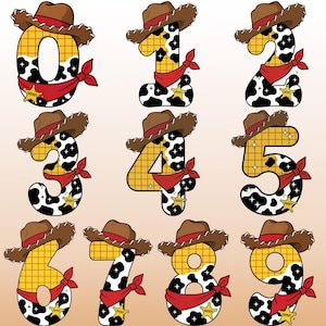 May include: A set of numbers zero through nine, each styled with a brown cowboy hat, a yellow grid pattern, black and white cow print, a red bandana, and a small yellow sheriff star badge. The numbers are arranged in a grid against a light background.
