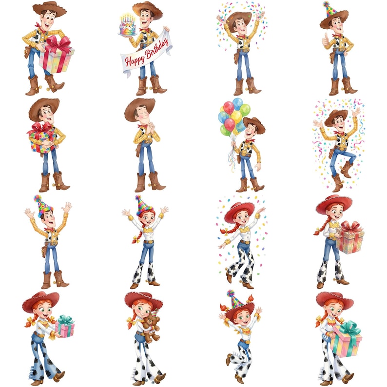 May include: A collection of sixteen illustrations featuring Woody and Jessie from Toy Story in various celebratory poses, including holding birthday gifts, cakes with the text Happy Birthday, colorful balloons, and confetti, wearing cowboy attire.