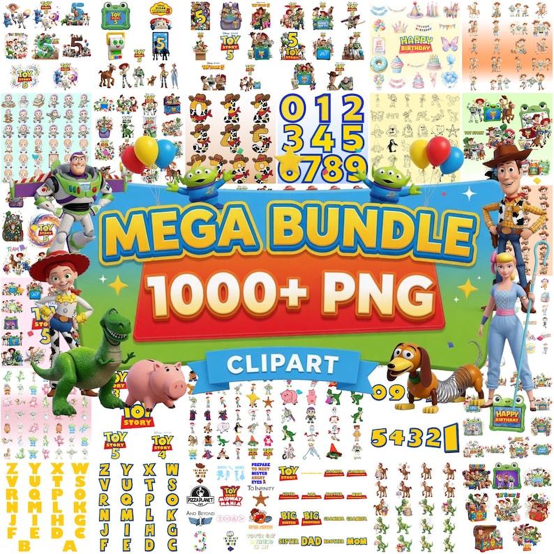May include: A digital collection of over 1000 Toy Story themed PNG clipart images featuring characters like Woody, Buzz Lightyear, Jessie, Rex, and Hamm, along with numbers, alphabet letters, balloons, and text graphics labeled MEGA BUNDLE 1000+ PNG CLIPART.