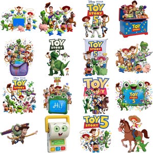 May include: A collection of digital illustrations featuring characters from Toy Story 5, including Woody, Buzz Lightyear, Jessie, Rex, and Slinky Dog, alongside various logos, a blue toy chest, a purple backpack, and a white interactive toy device.