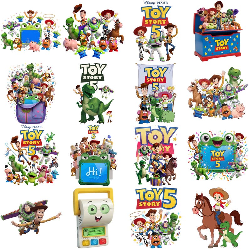 May include: A collection of digital illustrations featuring characters from Toy Story 5, including Woody, Buzz Lightyear, Jessie, Rex, and Slinky Dog, alongside various logos, a blue toy chest, a purple backpack, and a white interactive toy device.