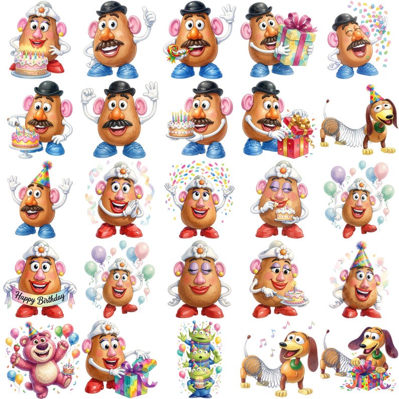 May include: A collection of twenty-five illustrations featuring Mr. and Mrs. Potato Head characters, a Slinky Dog, and a pink bear. The characters are depicted in various birthday-themed poses, including holding cakes, gifts, balloons, and confetti.