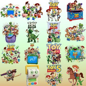 May include: A collection of Toy Story 5 digital illustrations featuring Woody, Buzz Lightyear, Jessie, Rex, and other characters. The images include the Toy Story 5 logo, a blue toy chest, a green frog frame, and a white interactive toy device.