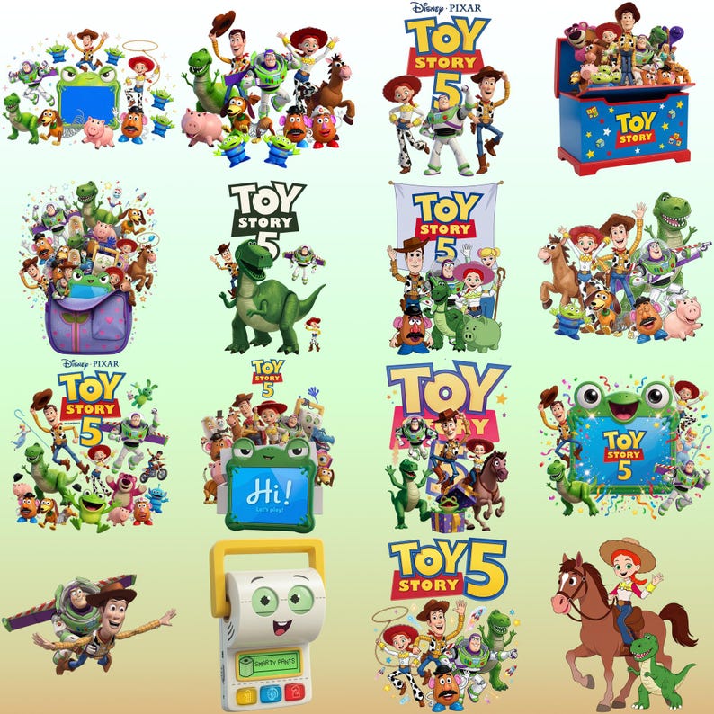 May include: A collection of Toy Story 5 digital illustrations featuring Woody, Buzz Lightyear, Jessie, Rex, and other characters. The images include the Toy Story 5 logo, a blue toy chest, a green frog frame, and a white interactive toy device.