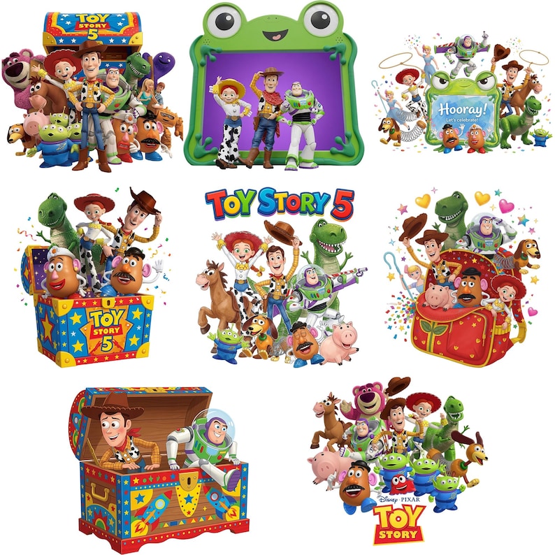 May include: A collection of Toy Story 5 graphic illustrations featuring characters like Woody, Buzz Lightyear, Jessie, and Rex. The images include various scenes with toy chests, a frog-shaped frame, and the Toy Story 5 logo in colorful text.