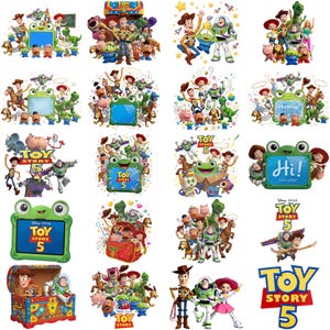 May include: A collection of Toy Story 5 digital graphics featuring Woody, Buzz Lightyear, Jessie, and other characters. The images include various scenes with a green frog-shaped frame, a toy chest, and the Toy Story 5 logo in blue and yellow.