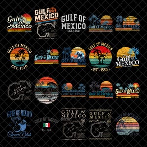 Könnte beinhalten: Eine Sammlung von Designs zum Thema Golf von Mexiko. Jedes Design zeigt einen Sonnenuntergang, Palmen und den Text "Gulf of Mexico" mit dem Gründungsjahr "EST. 1550". Einige Designs enthalten Wellen und Karten.