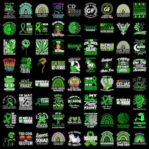 May include: A collection of graphic designs on a black background featuring green awareness ribbons, sunflowers, rainbows, and unicorns. The text includes phrases like Celiac Disease Awareness, Certified Gluten Free, and Warrior in various fonts.