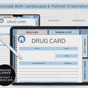 May include: Two digital tablets displaying a "Drug Card" template, one in portrait and one in landscape orientation. The templates have a light blue and white color scheme with sections for information. A stylus and a circular graphic with text are also present.