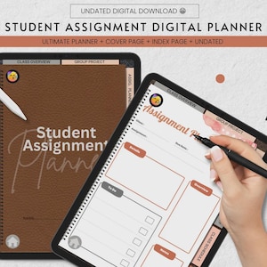 Peut inclure: Un planificateur numérique de devoirs étudiants avec une couverture marron et une reliure à spirale. Le planificateur comprend des sections pour la vue d'ensemble des cours, les projets de groupe et les devoirs.