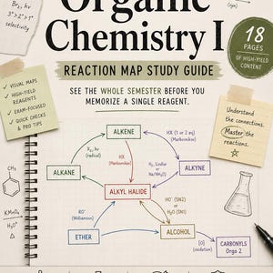 Op de afbeelding: De Organic Chemistry I Reaction Map Study Guide van The Lab Notebook is een spiraalgebonden educatief hulpmiddel met chemische reactiediagrammen, moleculaire structuren en studieaantekeningen. De cover bevat tekst, formules en iconen.