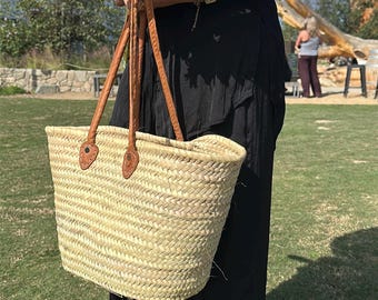 Handwoven Moroccan Straw Tote, Genuine Leather Handles, Market Beach Everyday Bag