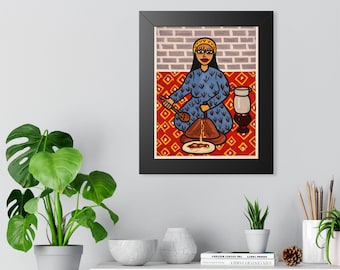 Gerahmtes vertikales Poster der Frau, die Arganöl herstellt | Marokkanische Kunst, Kulturelle Illustration