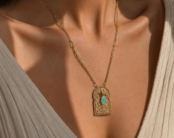 Goldene Marokkanische Tür-Anhänger-Halskette mit Türkis-Charm - Boho Minimalist Schmuck