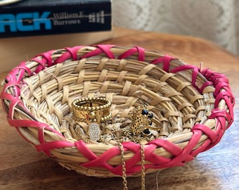 Handwoven Mini Basket Bowl Natural Straw with Pink Trim  Jewelry Dish  Moroccan Boho Decor