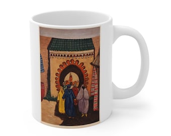 Marokkanische Medina Straßenszene Tasse | Verzierter Bogen, traditionelle Kleidung, kulturelle Muster