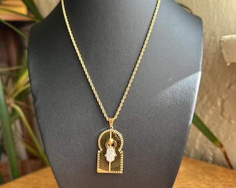 Gold Plated Moroccan Door Necklace: Hamsa Hand Spiritual Protection Pendant