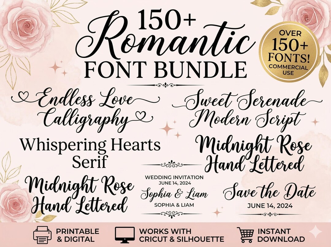 150+ Romantic Font Bundle, Wedding Fonts, Calligraphy Script, Digital ...