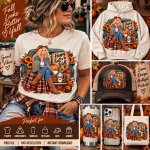Imagem PNG de uma cowgirl inspirada em Dolly no outono | Design country/western para o outono (Download digital)