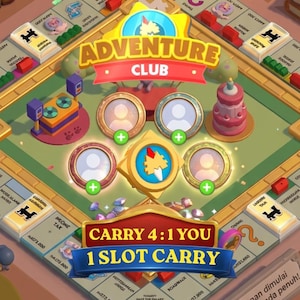 Op de afbeelding: Een kleurrijk bordspel met de tekst "ADVENTURE CLUB" en "CARRY 4:1 YOU 1 SLOT CARRY". Het spelbord bevat spelersprofielpictogrammen, een taart en verschillende spelelementen. Het spel heeft een cartoonachtige stijl.