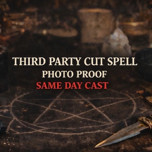 May include: A dimly lit scene featuring a burning candle, crystals, a small bowl, and a decorative dagger. The text "THIRD PARTY CUT SPELL PHOTO PROOF SAME DAY CAST" is displayed across the image, suggesting a spiritual or mystical theme.