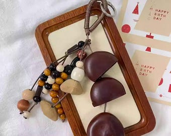 Handmade Wooden Bead Bag Charm, Boho Macrame Keychain
