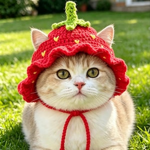 May include: A cat wearing a handmade red crochet strawberry hat with green leaves and yellow accents. The hat is tied under the chin with a red cord. The cat has green eyes and is sitting in green grass.