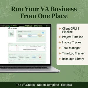 Puede incluir: Un portátil muestra una plantilla de Notion para asistentes virtuales, con el texto «Ejecuta tu negocio de VA desde un solo lugar». La pantalla muestra un panel con funciones como CRM de clientes, cronograma de proyectos y seguimiento de facturas. The VA Studio Notion Template.