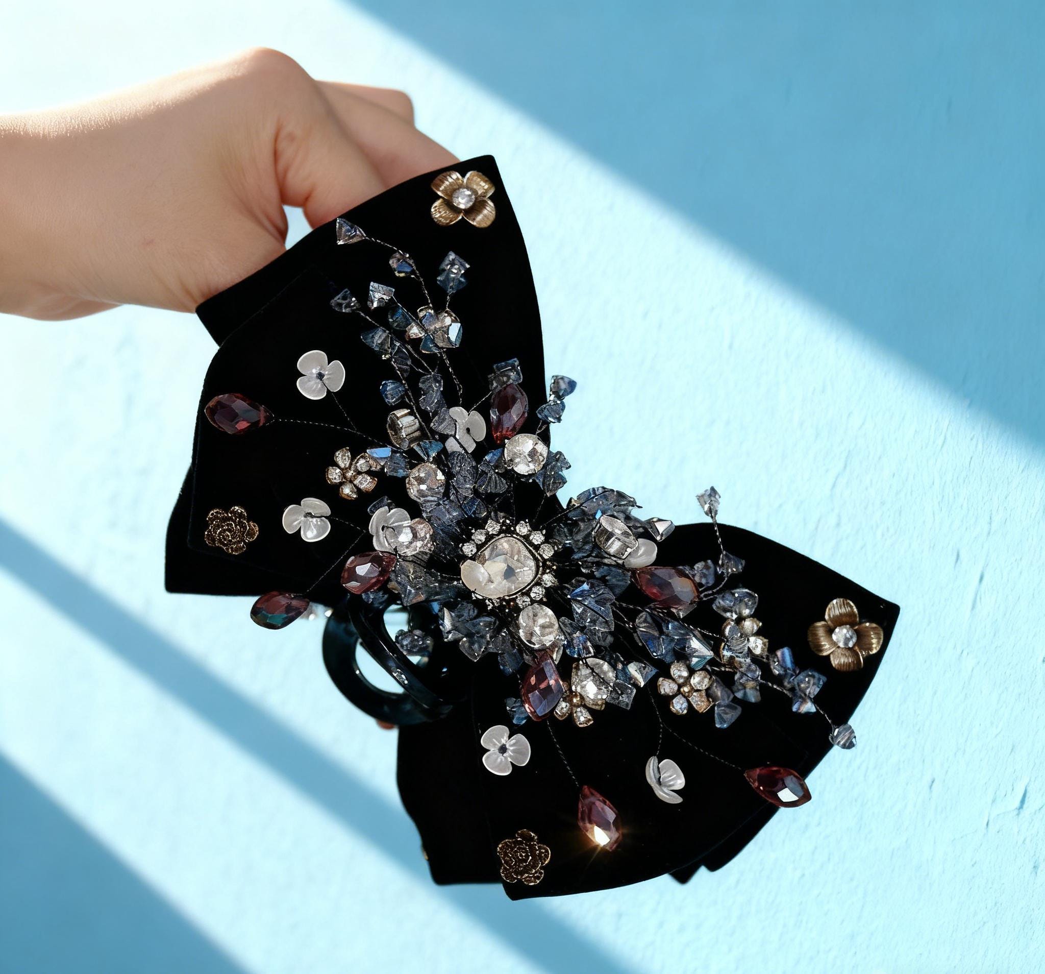 Black Velvet Rhinstone Hairclip M New Amazon.com : Aneneiceera Vintage Velvet Bow Hair Clip Black  main image 2