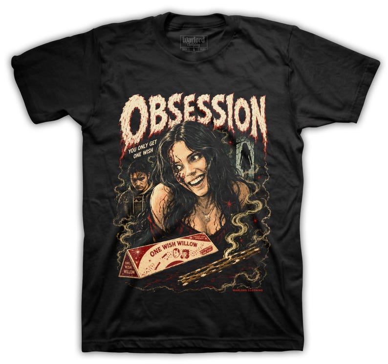 Może przedstawiać: Czarny t-shirt z kr&oacute;tkim rękawem z nadrukiem graficznym zawierającym tekst "OBSESSION" oraz "YOU ONLY GET ONE WISH" nad ilustracją uśmiechniętej osoby z ciemnymi włosami, mniejszą postacią oraz pudełkiem z napisem "ONE WISH WILLOW" i dymem.