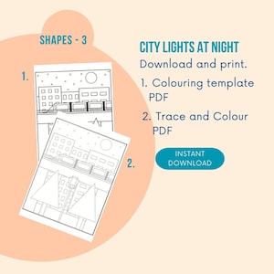 Puede incluir: Dos páginas para colorear en blanco y negro con escenas de la ciudad, etiquetadas 1 y 2, están apiladas contra un fondo melocotón claro. El texto incluye "CITY LIGHTS AT NIGHT" y "INSTANT DOWNLOAD."