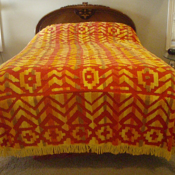 Aztec Vintage Flaming Red and Yellow Chenille Bedpread