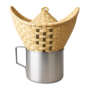 Może przedstawiać: Bambusowy kosz do gotowania na parze z stożkową pokrywką spoczywa na kubku ze stali nierdzewnej. Kosz jest tkany w jasnobrązowym kolorze, a pokrywa ma mały uchwyt w kształcie pętli. Kubek ma uchwyt z boku.