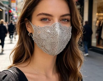 Mascarilla facial de encaje plateado hecha a mano / Bordado floral / Diseño calado vintage lavable / Perfecta para uso diario, fiestas y sesiones de fotos
